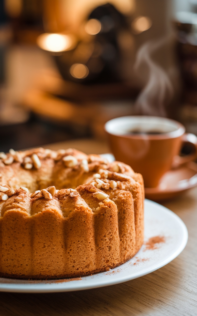 Moist and Fluffy Low Cal Keto Coffee Cake Recipe A slice of moist and fluffy low cal keto coffee cake on a plate next to a cup of coffee.